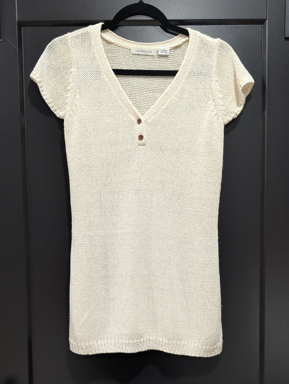 Liz Claiborne Cream V-Neck Short Sleeve Knit Long Sweater